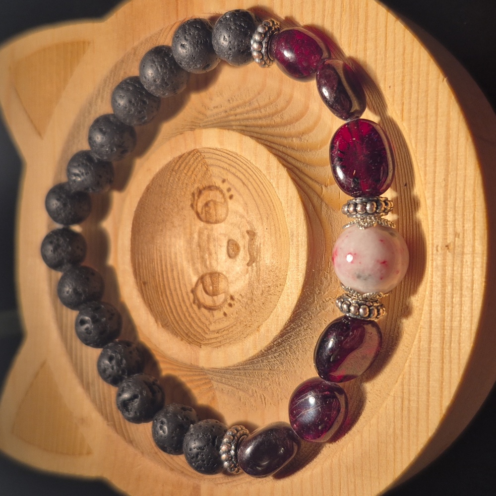 Garnet and cinnabar with lava beads